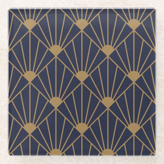 Gold Navy Blue Art Deco Lüfter Muster Glasuntersetzer (Vorderseite)
