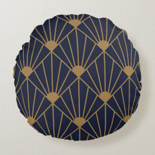 Gold Navy Blue Art Deco Lüfter Muster Rundes Kissen