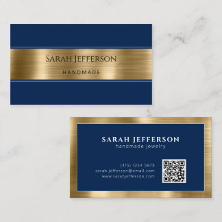 Gold Navy Blue Beruflich Metallic Elegant QR Visitenkarte
