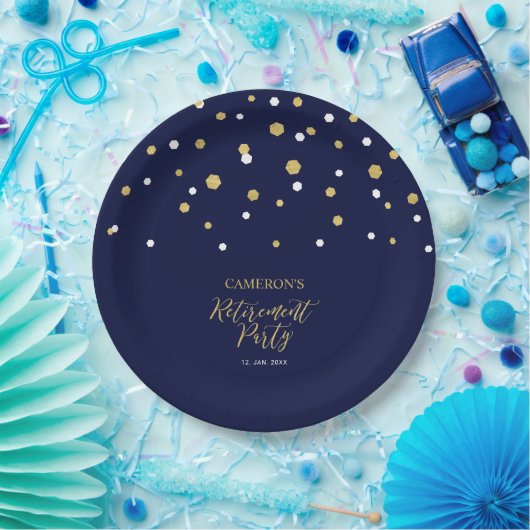 Gold & Navy Blue Chic Confetti Retirement Party Pappteller (Party)