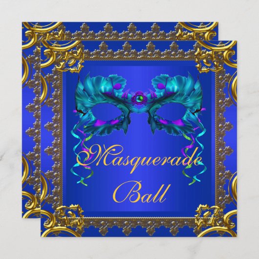 Gold Navy Blue Cobalt Blue Mask Masquerall Einladung (Vorne/Hinten)