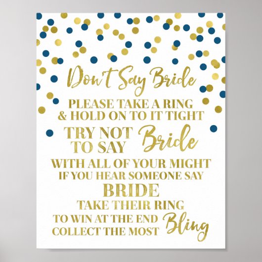 Gold Navy Blue Confetti Sage nicht Bride Game Sign Poster (Vorne)