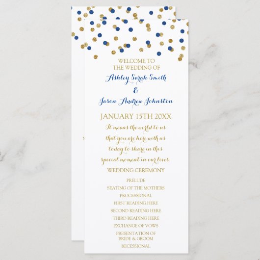 Gold Navy Blue Confetti Wedding Program Programm (Vorne/Hinten)