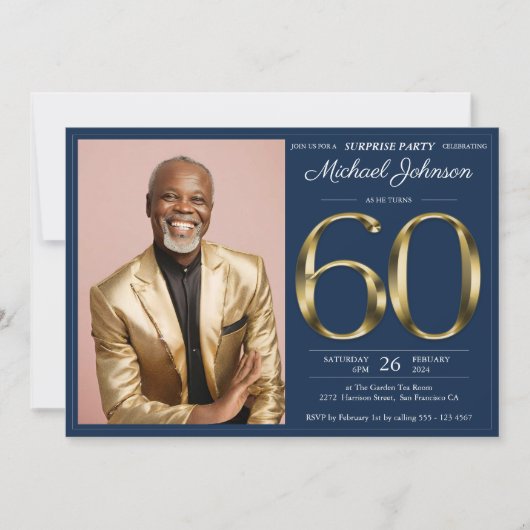 Gold Navy Blue Custom Foto Überraschung 60. Geburt Einladung (Vorderseite)