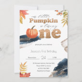 Gold & Navy Blue Fall Pumpkin Erster Geburtstag Einladung (Vorderseite)