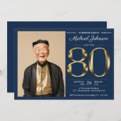Gold Navy Blue Foto Überraschung 80. Geburtstag Einladung (Vorne/Hinten)