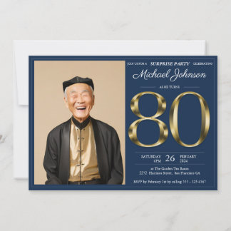 Gold Navy Blue Foto Überraschung 80. Geburtstag Einladung