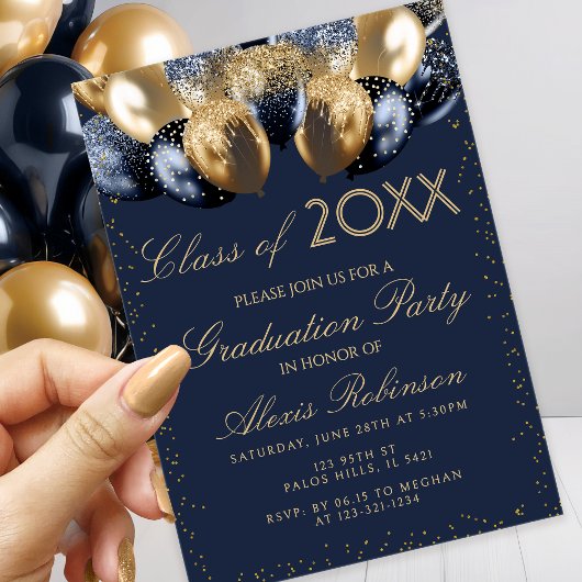 Gold Navy Blue Glitter Balloons Graduation Party Einladung