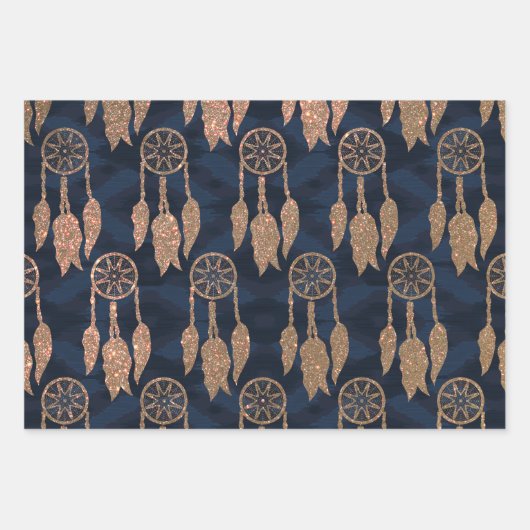 Gold Navy Blue Glitzer Ikat Dream Catcher Muster Geschenkpapier Set (Vorderseite)