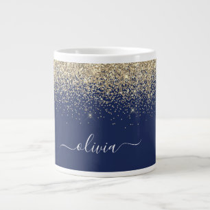 Gold Navy Blue Glitzer Modern Monogram Name Jumbo-Tasse