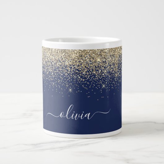 Gold Navy Blue Glitzer Modern Monogram Name Jumbo-Tasse (Vorderseite)