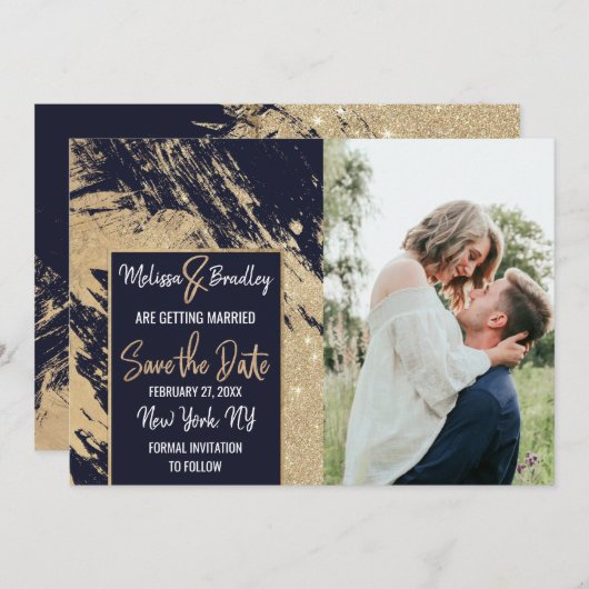 Gold Navy Blue Glitzer Pinselstriche Save the Date Einladung (Vorne/Hinten)