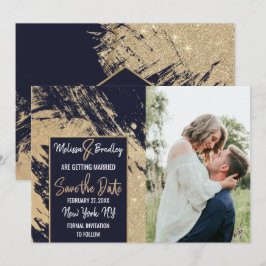 Gold Navy Blue Glitzer Pinselstriche Save the Date Einladung