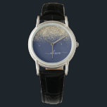 Gold Navy Blue Glitzer Script Monogram Girl Name Armbanduhr<br><div class="desc">Navy Blue und Gold Sparkle Glitzer Script Monogram Name Watch. Dies macht den perfekten Abschluss,  Geburtstag,  Hochzeit,  Brautparty,  Jubiläum,  Babydusche oder Junggeselinnen-Abschied Geschenk für jemanden,  die Lieben glamourösen Luxus und schicke Stile.</div>