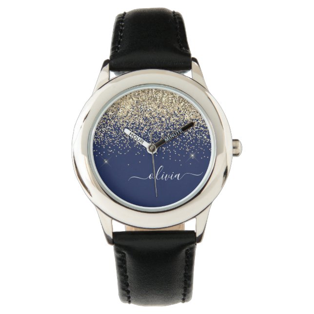 Gold Navy Blue Glitzer Script Monogram Girl Name Armbanduhr (Vorderseite)