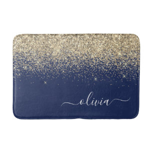Gold Navy Blue Glitzer Script Monogram Girl Name Badematte