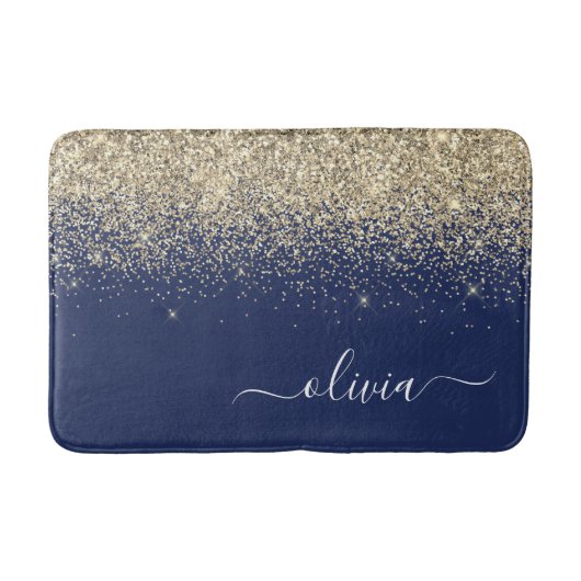 Gold Navy Blue Glitzer Script Monogram Girl Name Badematte (Vorderseite)