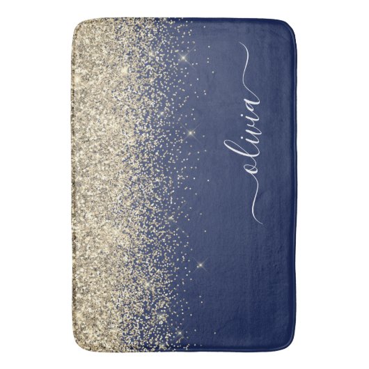 Gold Navy Blue Glitzer Script Monogram Girl Name Badematte (Vorderseite Vertikal)