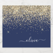 Gold Navy Blue Glitzer Script Monogram Girl Name Bierflaschenetikett (Einzelnes Label)