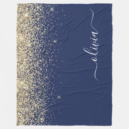 Gold Navy Blue Glitzer Script Monogram Girl Name Fleecedecke (Vorderseite)