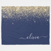 Gold Navy Blue Glitzer Script Monogram Girl Name Fleecedecke (Vorderseite (Horizontal))
