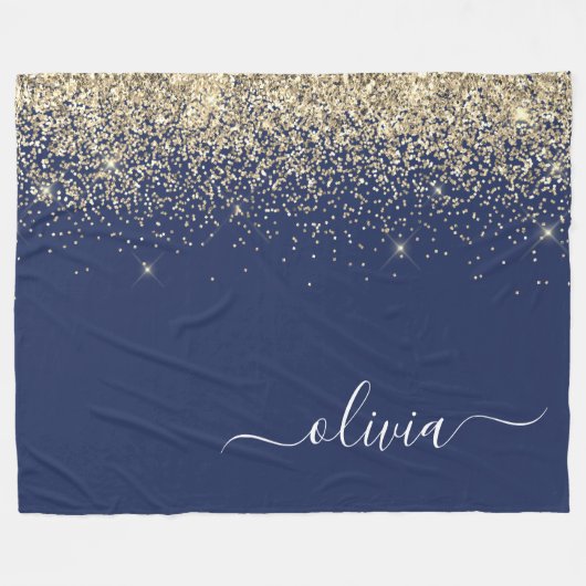 Gold Navy Blue Glitzer Script Monogram Girl Name Fleecedecke (Vorderseite (Horizontal))