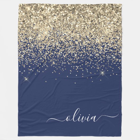 Gold Navy Blue Glitzer Script Monogram Girl Name Fleecedecke (Vorderseite)