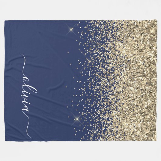 Gold Navy Blue Glitzer Script Monogram Girl Name Fleecedecke (Vorderseite (Horizontal))
