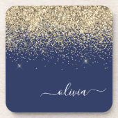 Gold Navy Blue Glitzer Script Monogram Girl Name Getränkeuntersetzer (Vorderseite)
