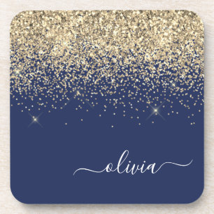 Gold Navy Blue Glitzer Script Monogram Girl Name Getränkeuntersetzer