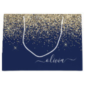 Gold Navy Blue Glitzer Script Monogram Girl Name Große Geschenktüte (Vorderseite)