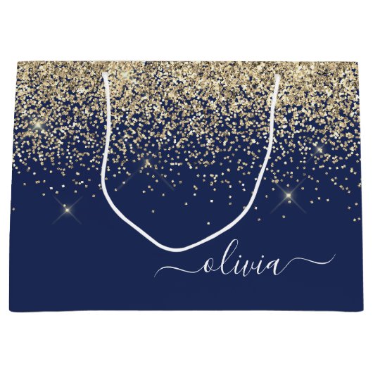 Gold Navy Blue Glitzer Script Monogram Girl Name Große Geschenktüte (Vorderseite)