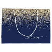 Gold Navy Blue Glitzer Script Monogram Girl Name Große Geschenktüte (Rückseite)