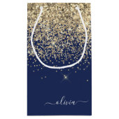 Gold Navy Blue Glitzer Script Monogram Girl Name Kleine Geschenktüte (Rückseite)