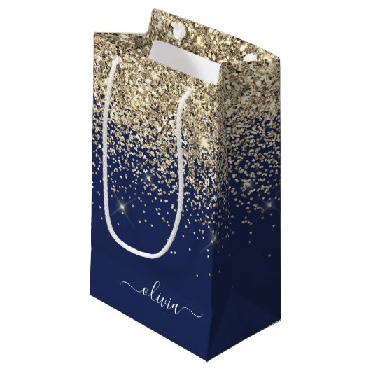 Gold Navy Blue Glitzer Script Monogram Girl Name Kleine Geschenktüte (Vorderseite Schrägansicht)