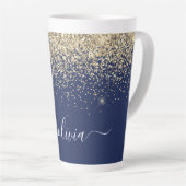 Gold Navy Blue Glitzer Script Monogram Girl Name Milchtasse (Rechte Ecke)