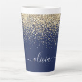 Gold Navy Blue Glitzer Script Monogram Girl Name Milchtasse (Vorderseite)