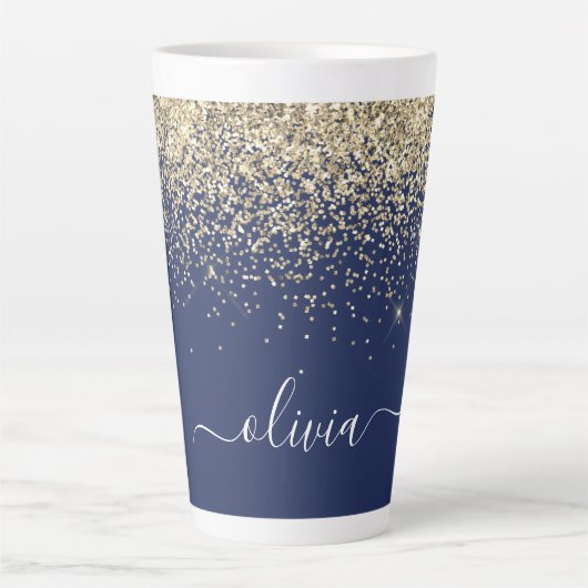 Gold Navy Blue Glitzer Script Monogram Girl Name Milchtasse (Vorderseite)