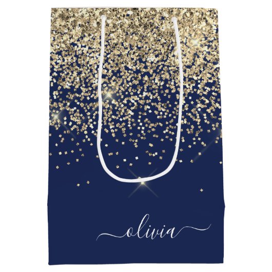 Gold Navy Blue Glitzer Script Monogram Girl Name Mittlere Geschenktüte (Rückseite)