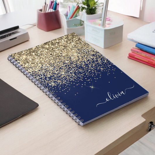 Gold Navy Blue Glitzer Script Monogram Girl Name Notizblock