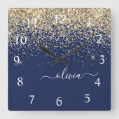 Gold Navy Blue Glitzer Script Monogram Girl Name Quadratische Wanduhr (Vorderseite)