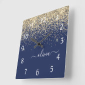 Gold Navy Blue Glitzer Script Monogram Girl Name Quadratische Wanduhr (Winkel)