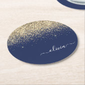 Gold Navy Blue Glitzer Script Monogram Girl Name Runder Pappuntersetzer (Angewinkelt)