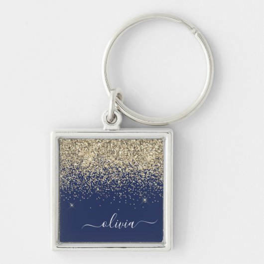 Gold Navy Blue Glitzer Script Monogram Girl Name Schlüsselanhänger (Vorne)