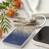 Gold Navy Blue Glitzer Script Monogram Girl Name Schlüsselanhänger (Vorderseite rechts)