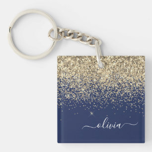 Gold Navy Blue Glitzer Script Monogram Girl Name Schlüsselanhänger
