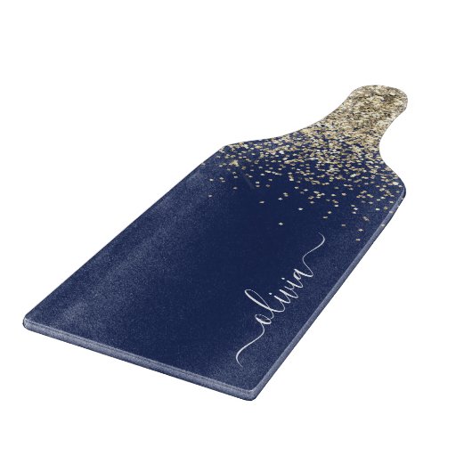 Gold Navy Blue Glitzer Script Monogram Girl Name Schneidebrett (Ecke)