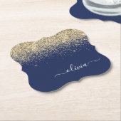 Gold Navy Blue Glitzer Script Monogram Girl Name Untersetzer (angewinkelt)
