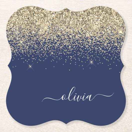 Gold Navy Blue Glitzer Script Monogram Girl Name Untersetzer (Vorderseite)