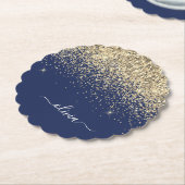 Gold Navy Blue Glitzer Script Monogram Girl Name Untersetzer (angewinkelt)